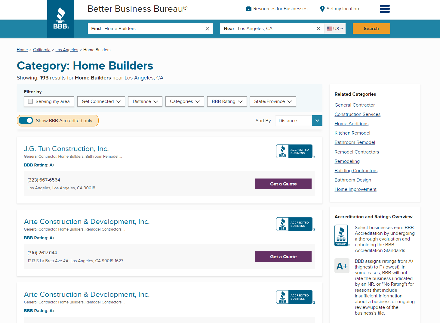 Better Business Bureau directory example