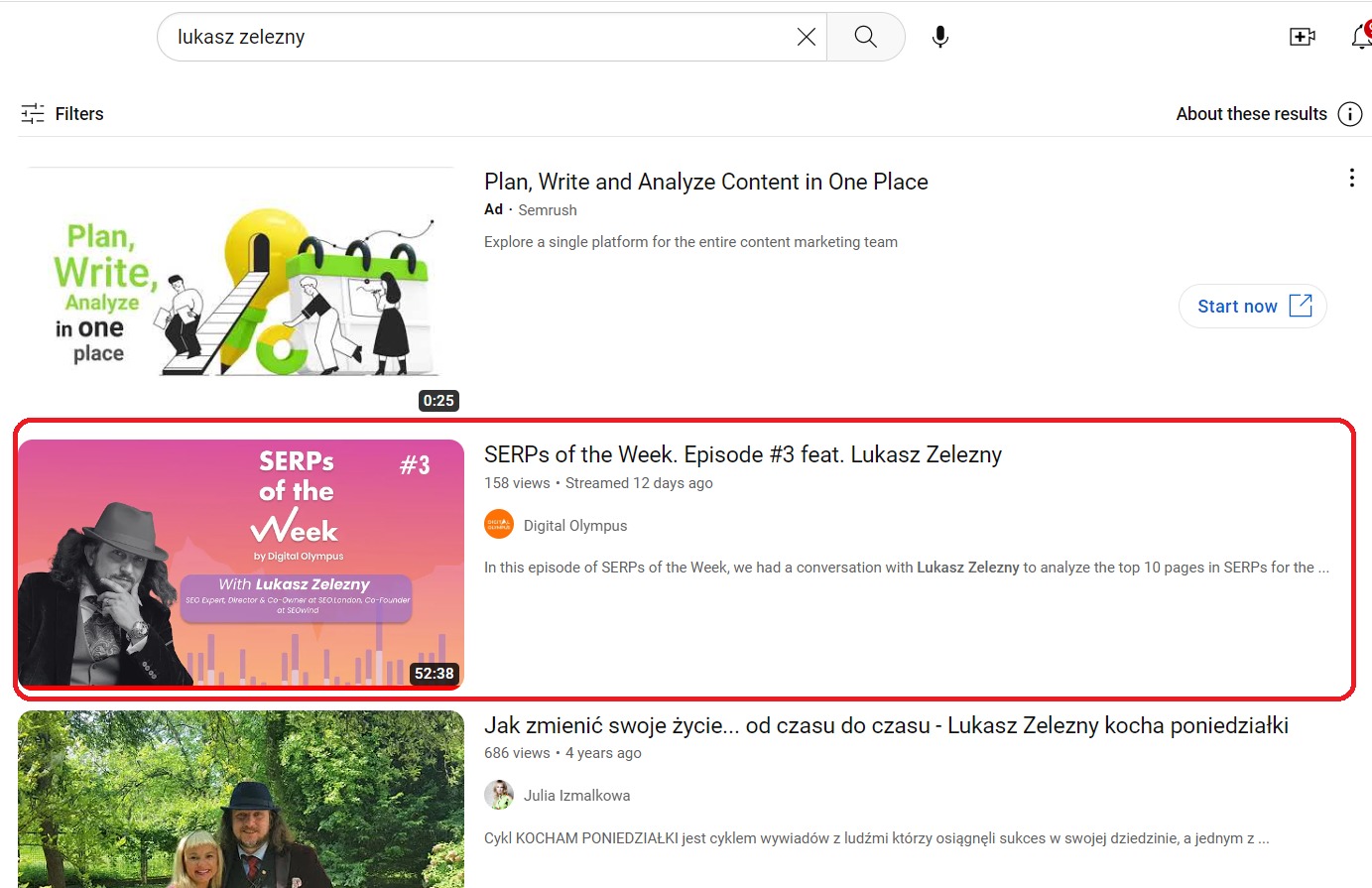YouTube search appearance of the SERPs of the Week episode with Lukasz Zelezny
