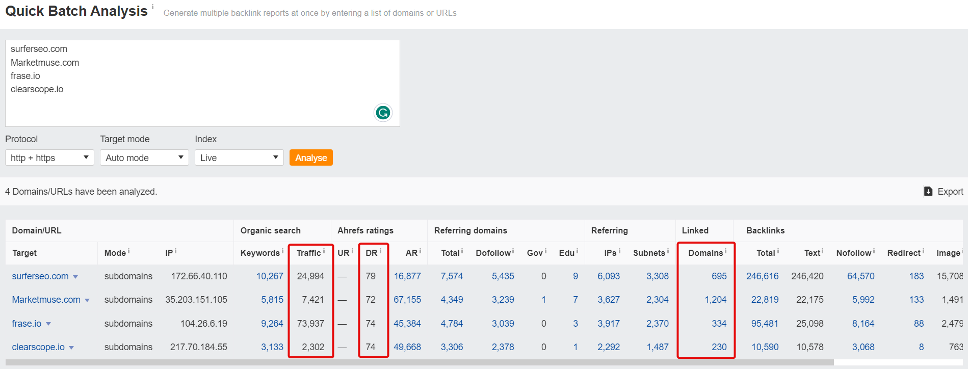 Batch domain analysis in Ahrefs for backlink audit