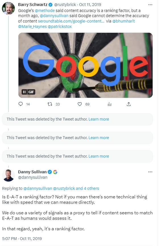 Tweet from Danny Sullivan confirming that E-E-A-T is a ranking factor