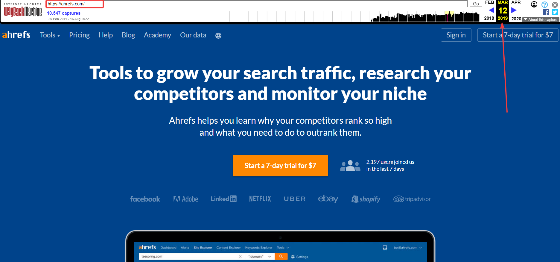 Ahrefs’ homepage in 2019. A snapshot from the Wayback machine